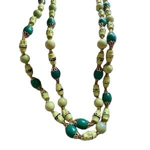Vintage Avocado Green & Gold & Teal Beaded 70’s Long Necklace Women’s Jewelry